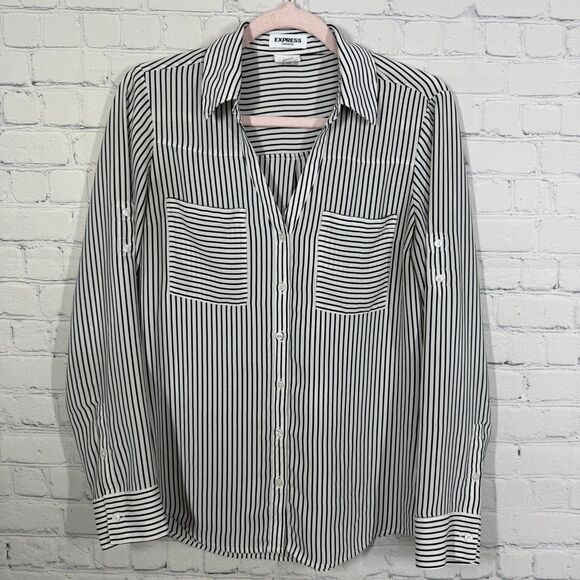 Express Portofino Slim Button Shirt Women Small Striped Roll Tab Sleeve Preppy - Picture 1 of 12
